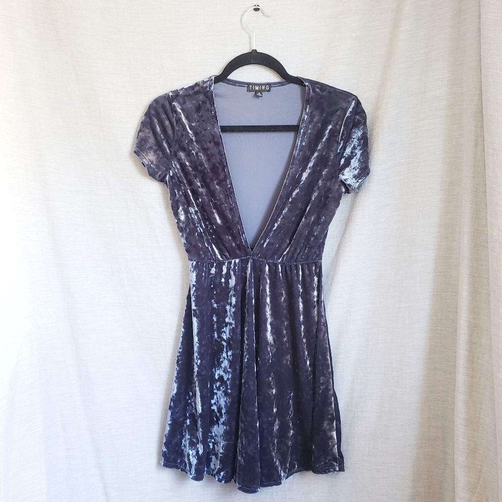 TIMING - Blue Crushed Velvet Deep V Skater Dress